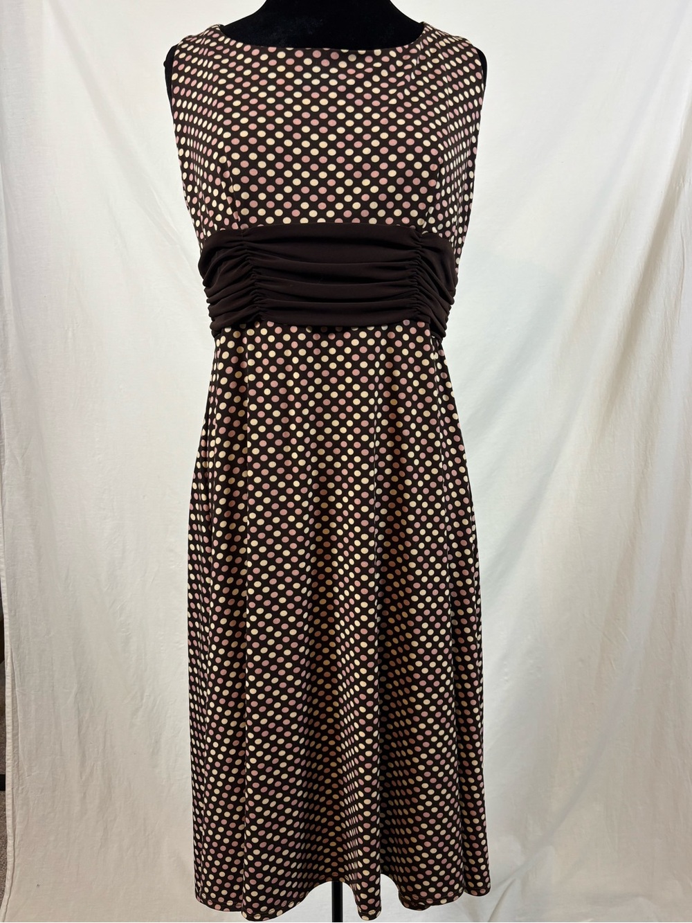 Perceptions Petite Brown Pink Polka Dot Retro Fit Flare Pin-Up Midi Dress 16P